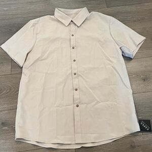 Zaful NWT Mens L Beige Short Sleeve Button Up Shirt Textured Cream Summer Casual